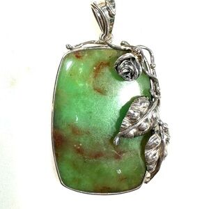 Artisan Green Jasper Sterling Silver Pendant with Hand-forged Rose and Leaves